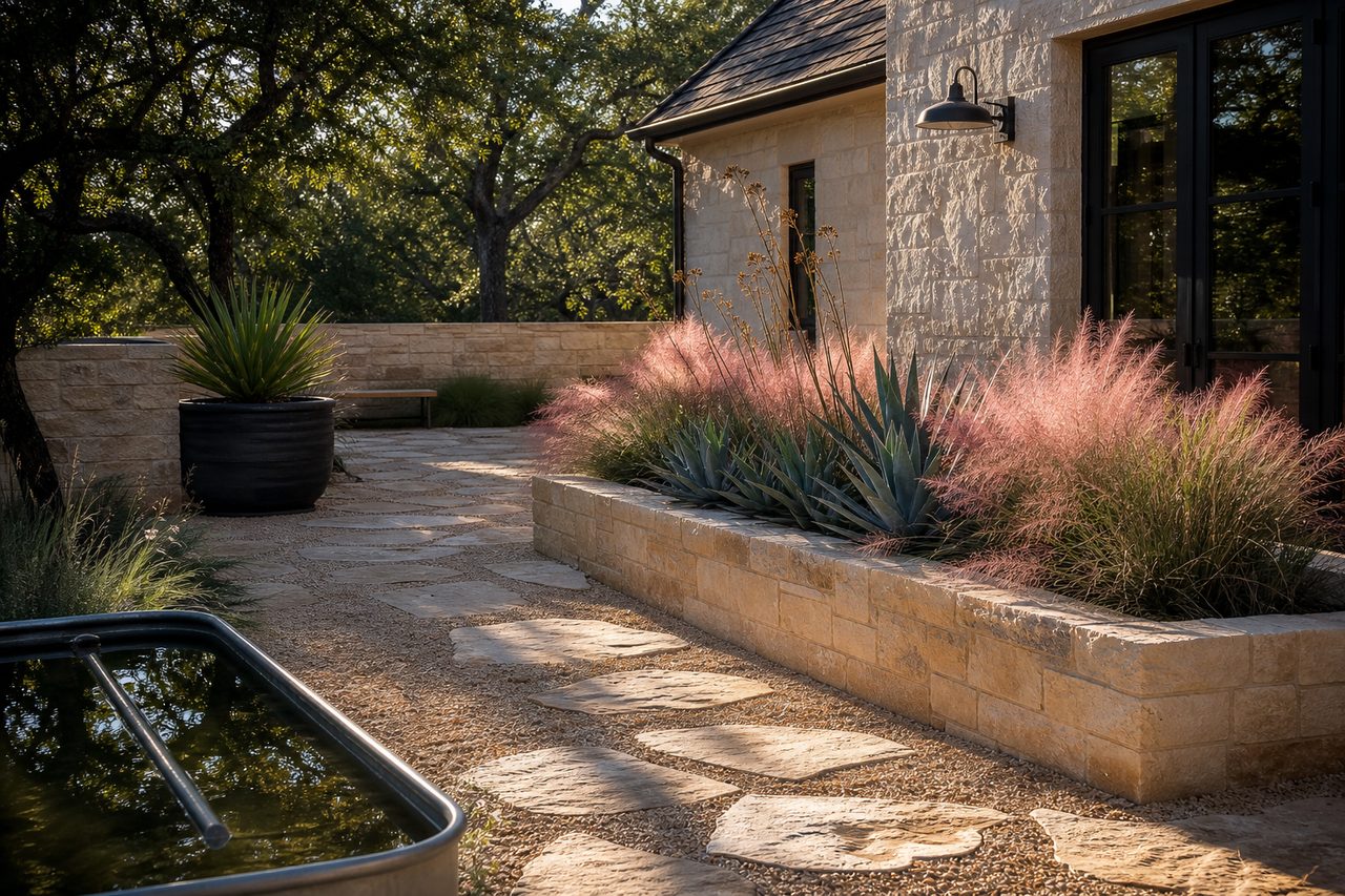 Courtyard garden with agaves and limestone planters