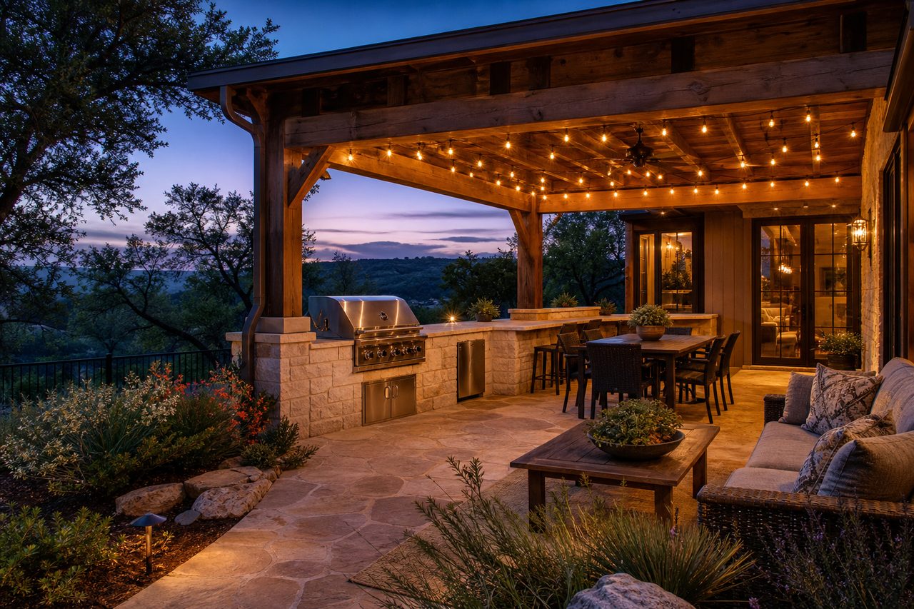 Covered pergola with outdoor kitchen at dusk