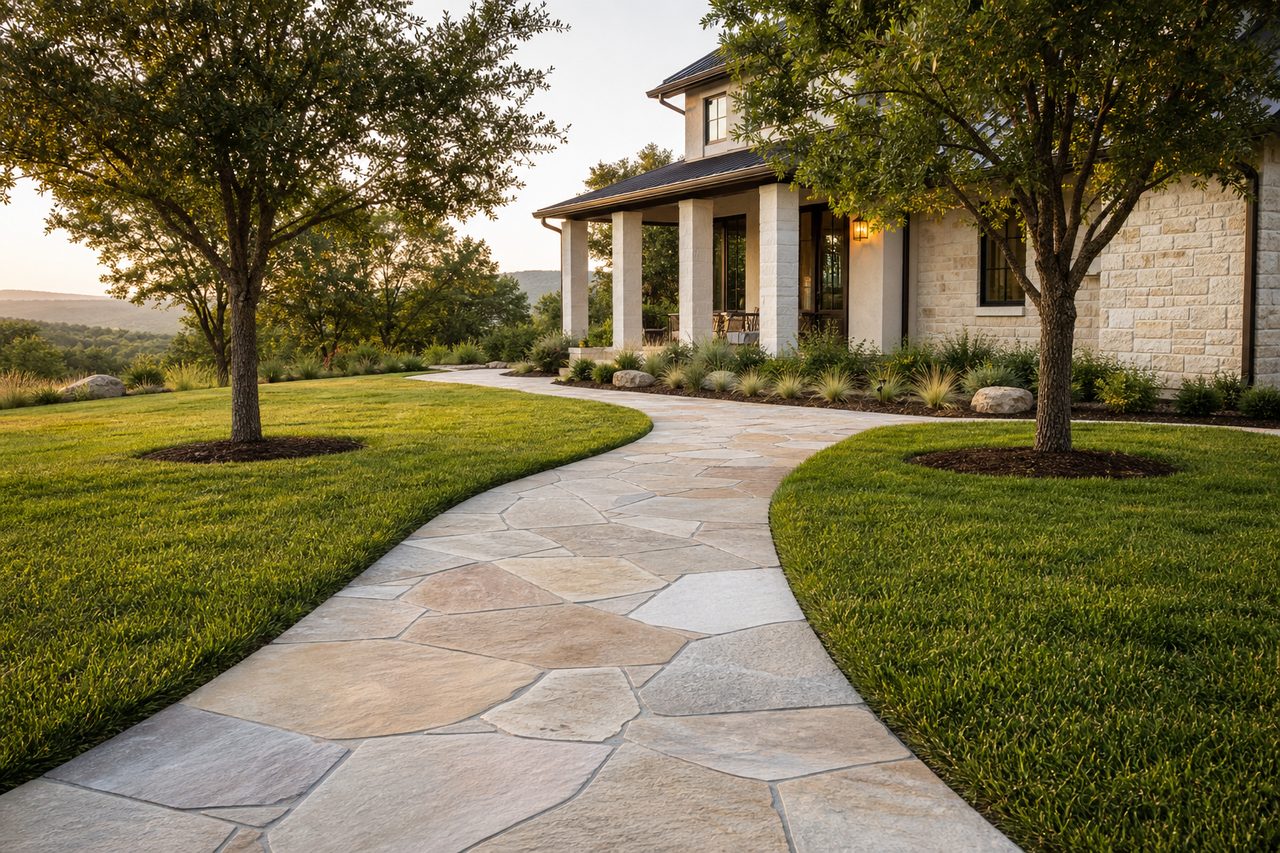 Flagstone walkway curving to a front porch