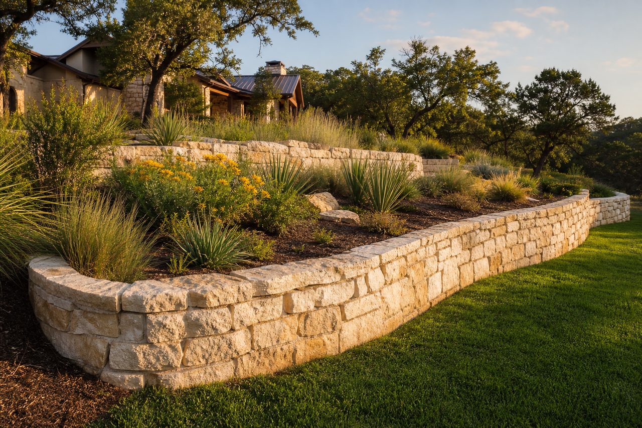 Curved limestone retaining wall terracing a sloped yard