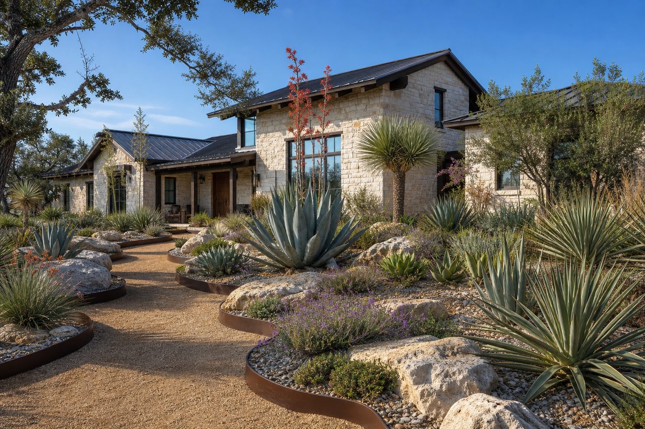Drought-tolerant xeriscaped front yard with agaves and yuccas