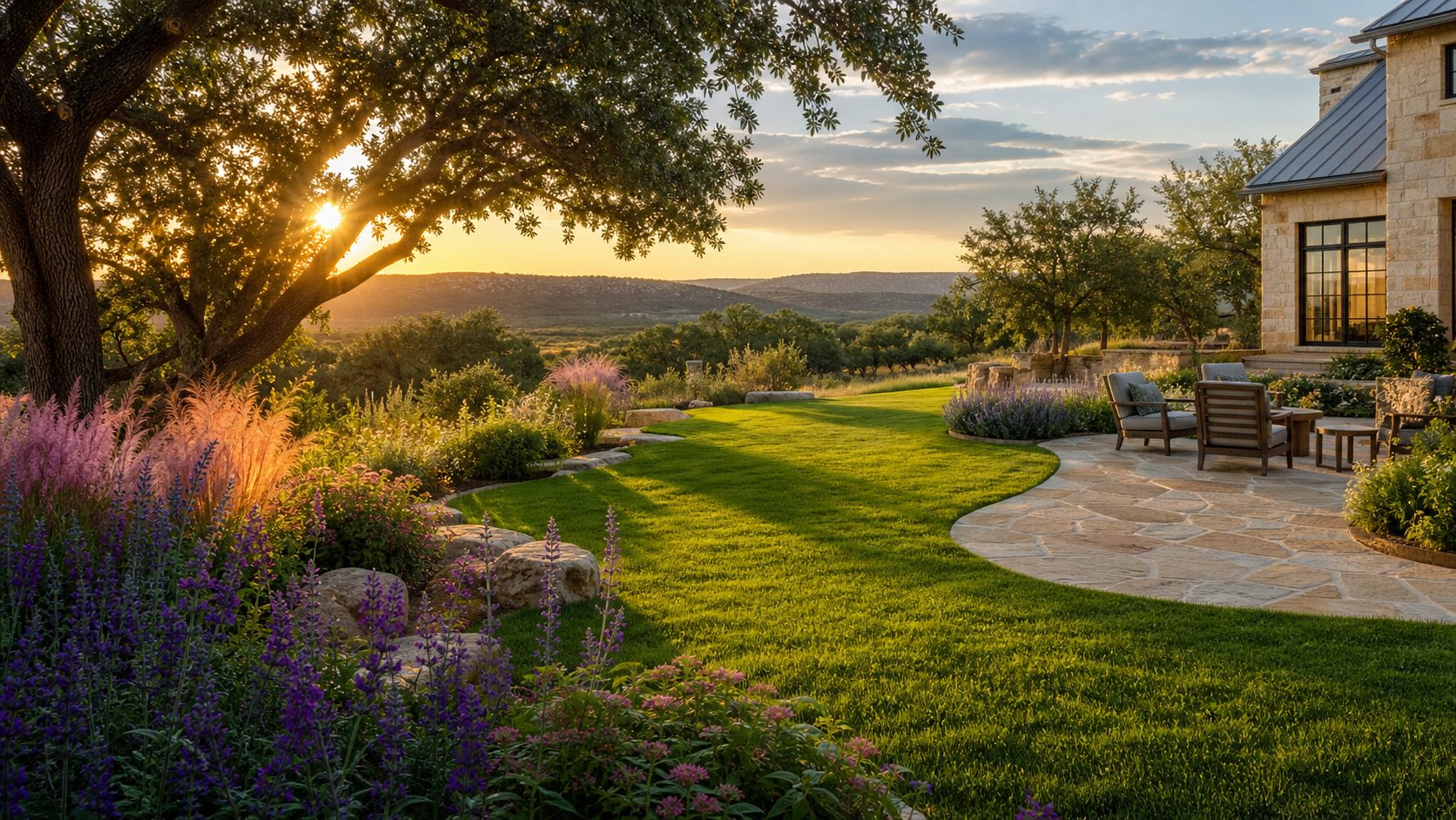 A professionally landscaped backyard at golden hour