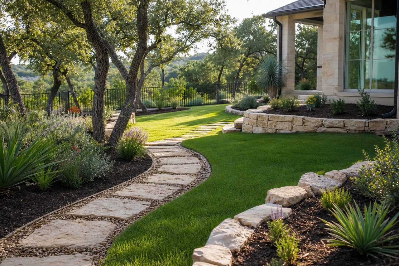 Freshly installed landscape beds and flagstone path