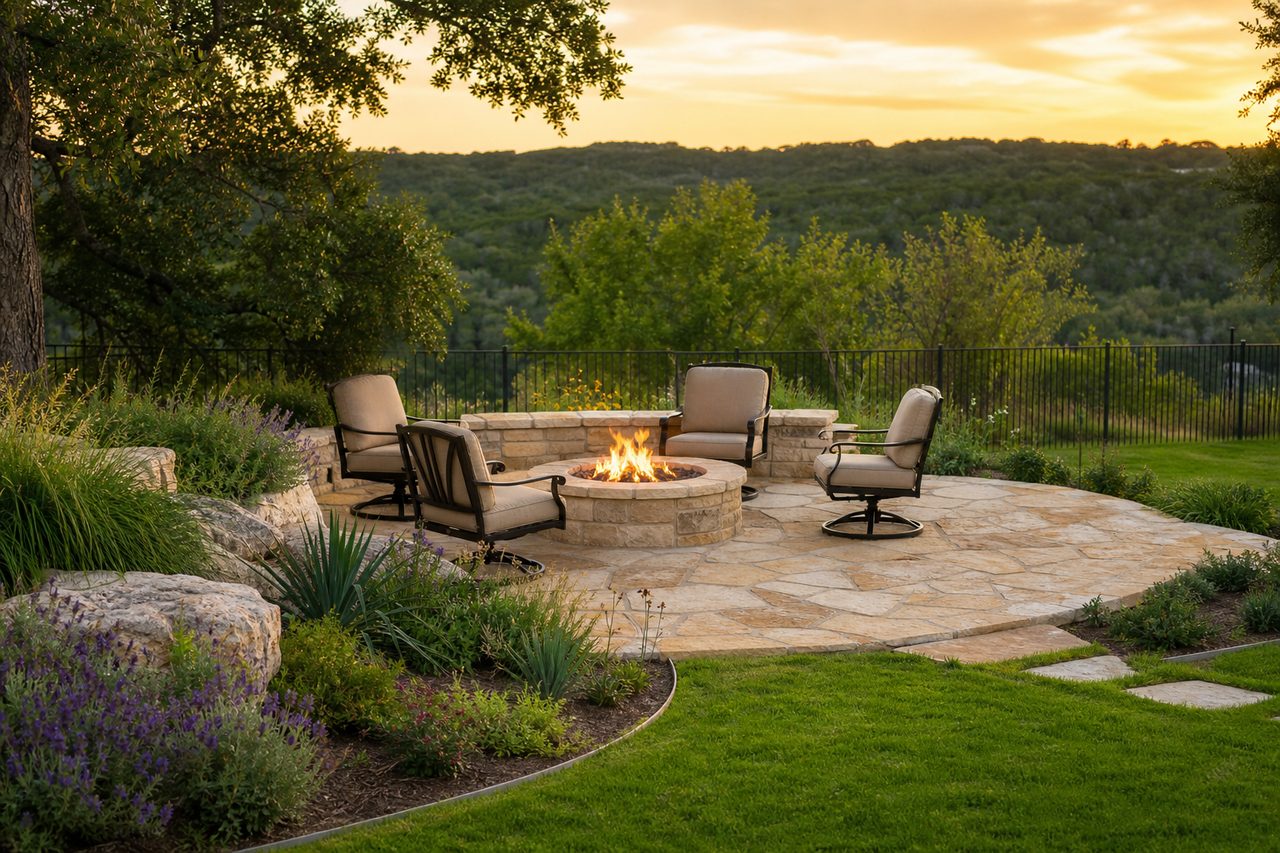 Limestone patio with a stone fire pit