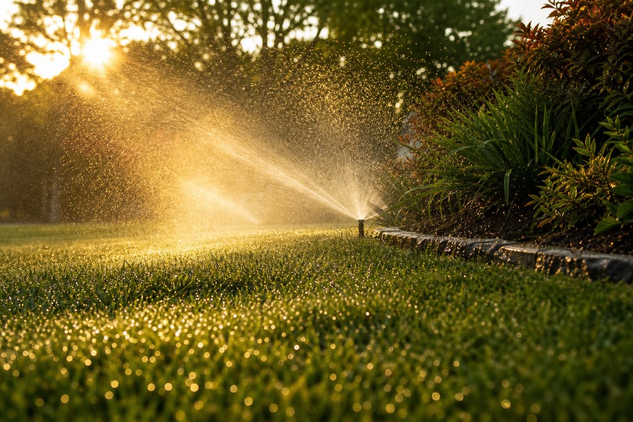 Sprinklers misting a lawn at dawn