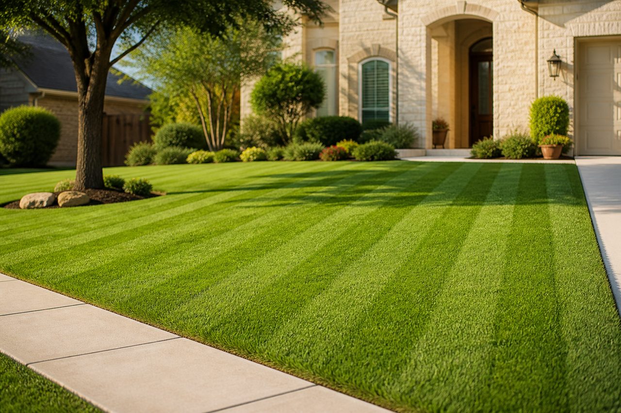 Striped, freshly mowed front lawn