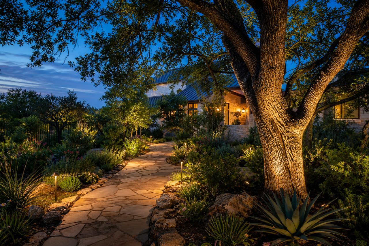 Garden path lit warmly at dusk