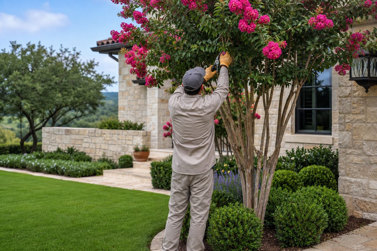 Landscaper pruning a crepe myrtle
